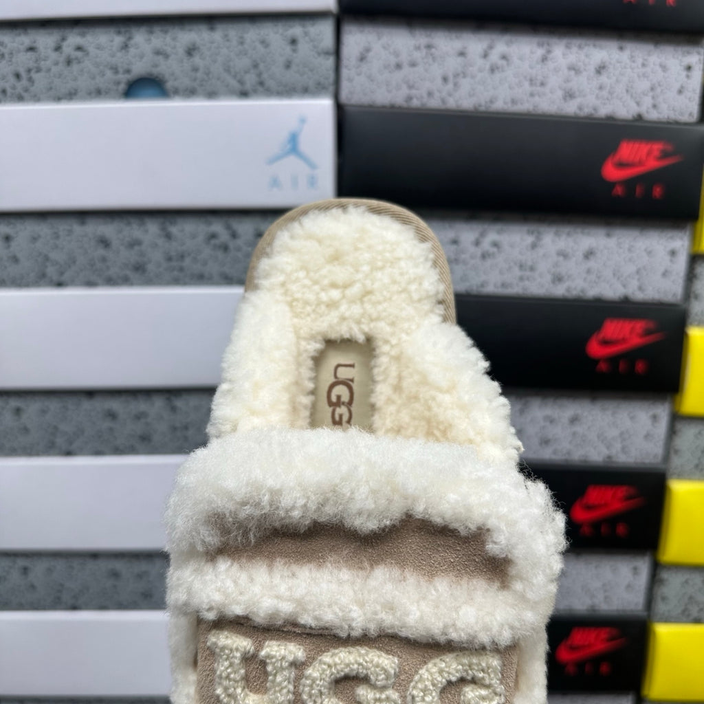 UGG Khaki Embroidered Plush-Trim Mule Slippers