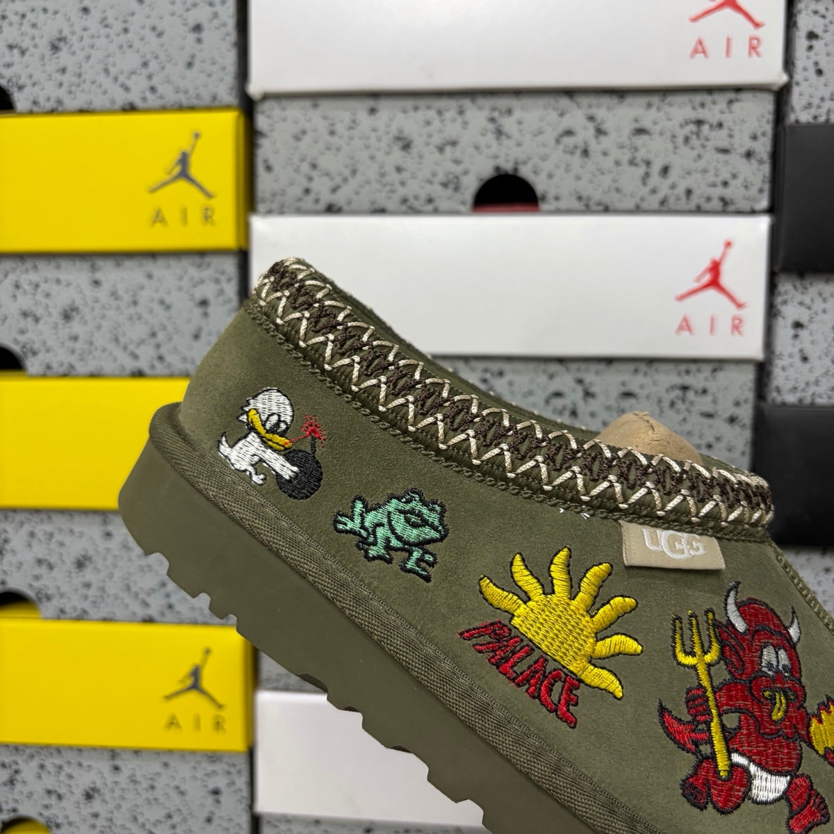 UGG Olive Green Cartoon-Embroidered Braided-Trim Slip-On Shoes