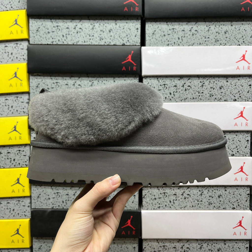 UGG Grey Plush-Collar Platform Slip-On Shoes