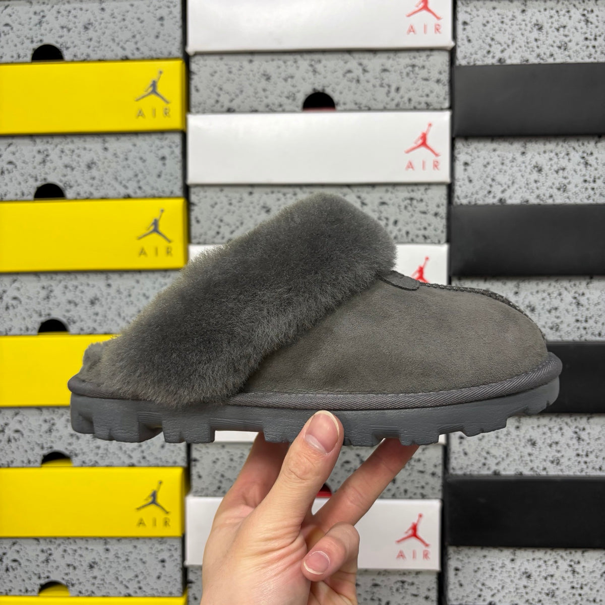 UGG Grey Plush-Collar Mule Slippers