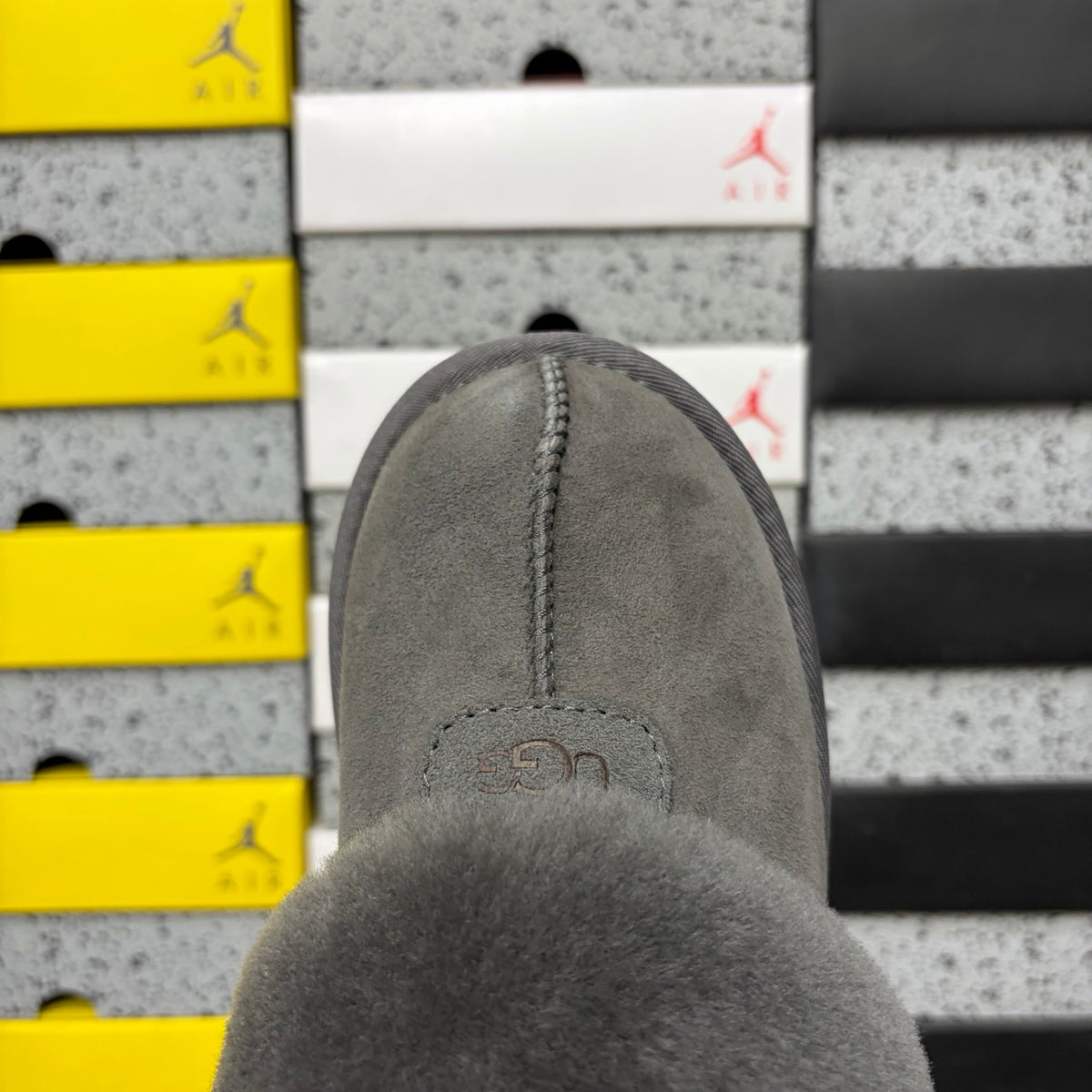 UGG Grey Plush-Collar Mule Slippers