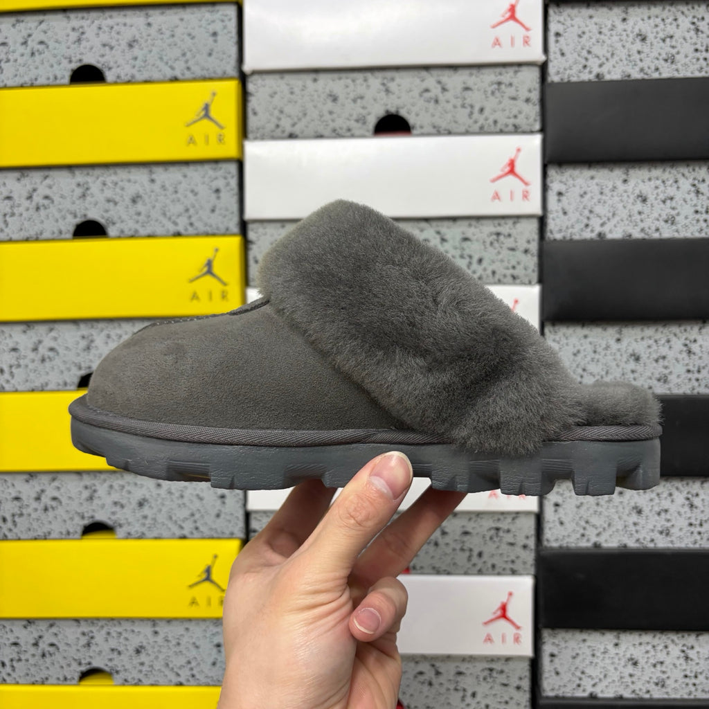 UGG Grey Plush-Collar Mule Slippers