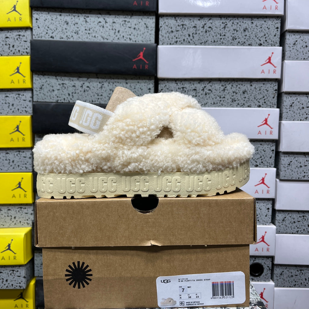 UGG Beige Cross-Strap Platform Slippers