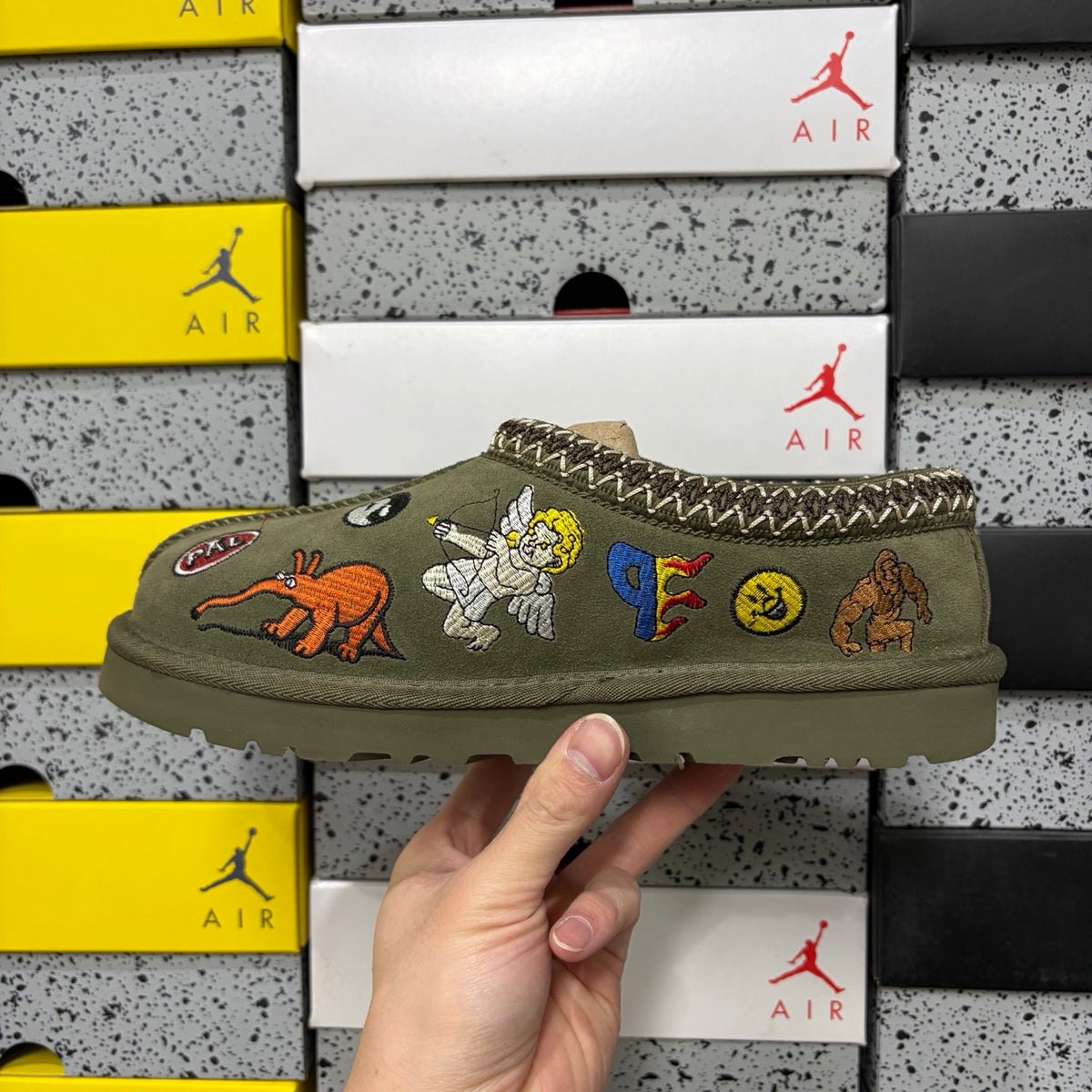 UGG Olive Green Cartoon-Embroidered Braided-Trim Slip-On Shoes