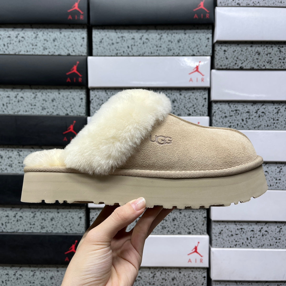 UGG Beige Plush-Collar Slip-On Slippers