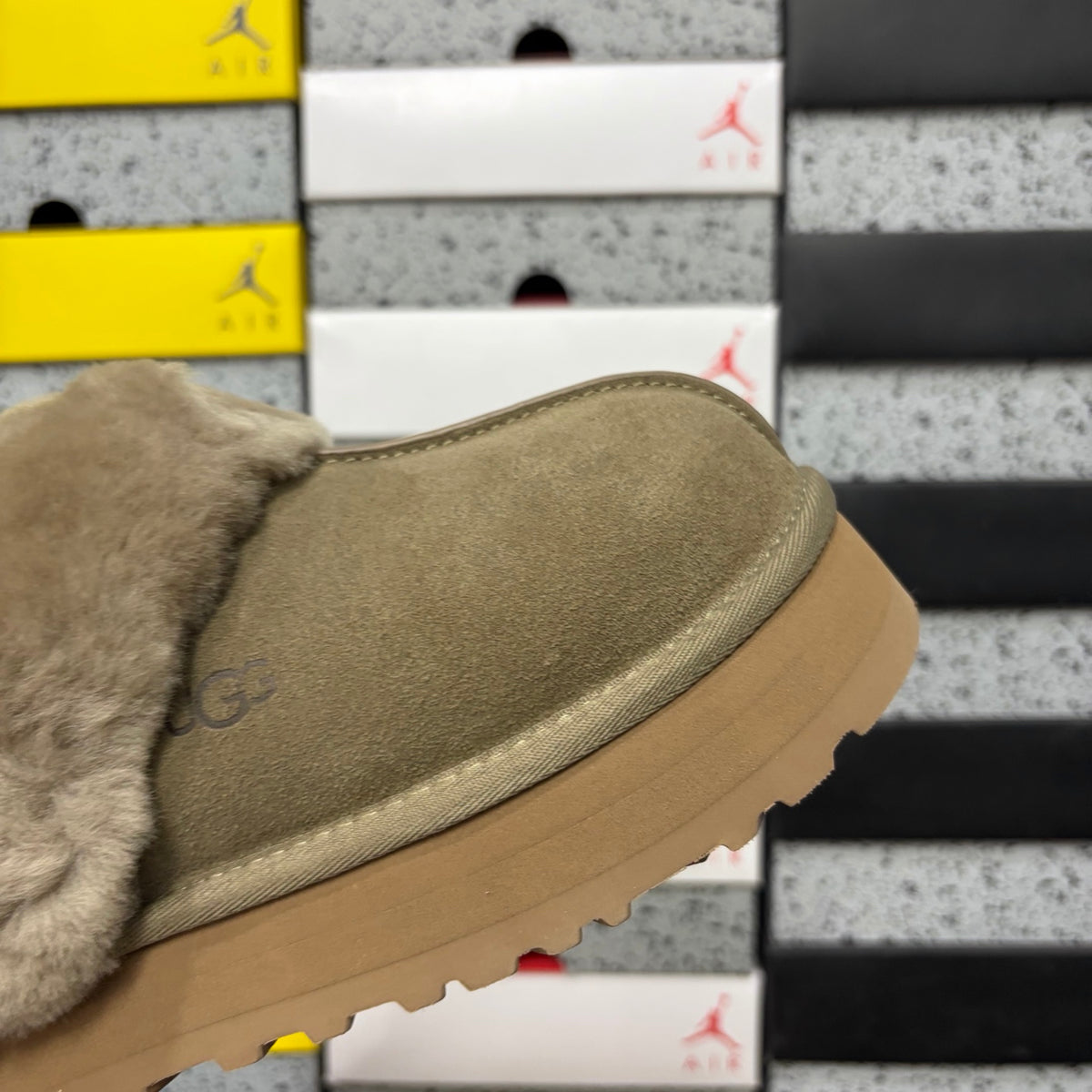 UGG Antelope Brown Platform Slippers with Plush Collar