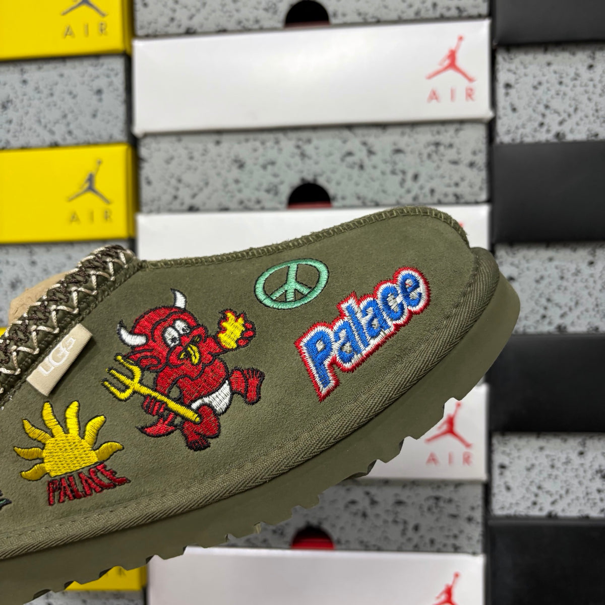 UGG Olive Green Cartoon-Embroidered Braided-Trim Slip-On Shoes