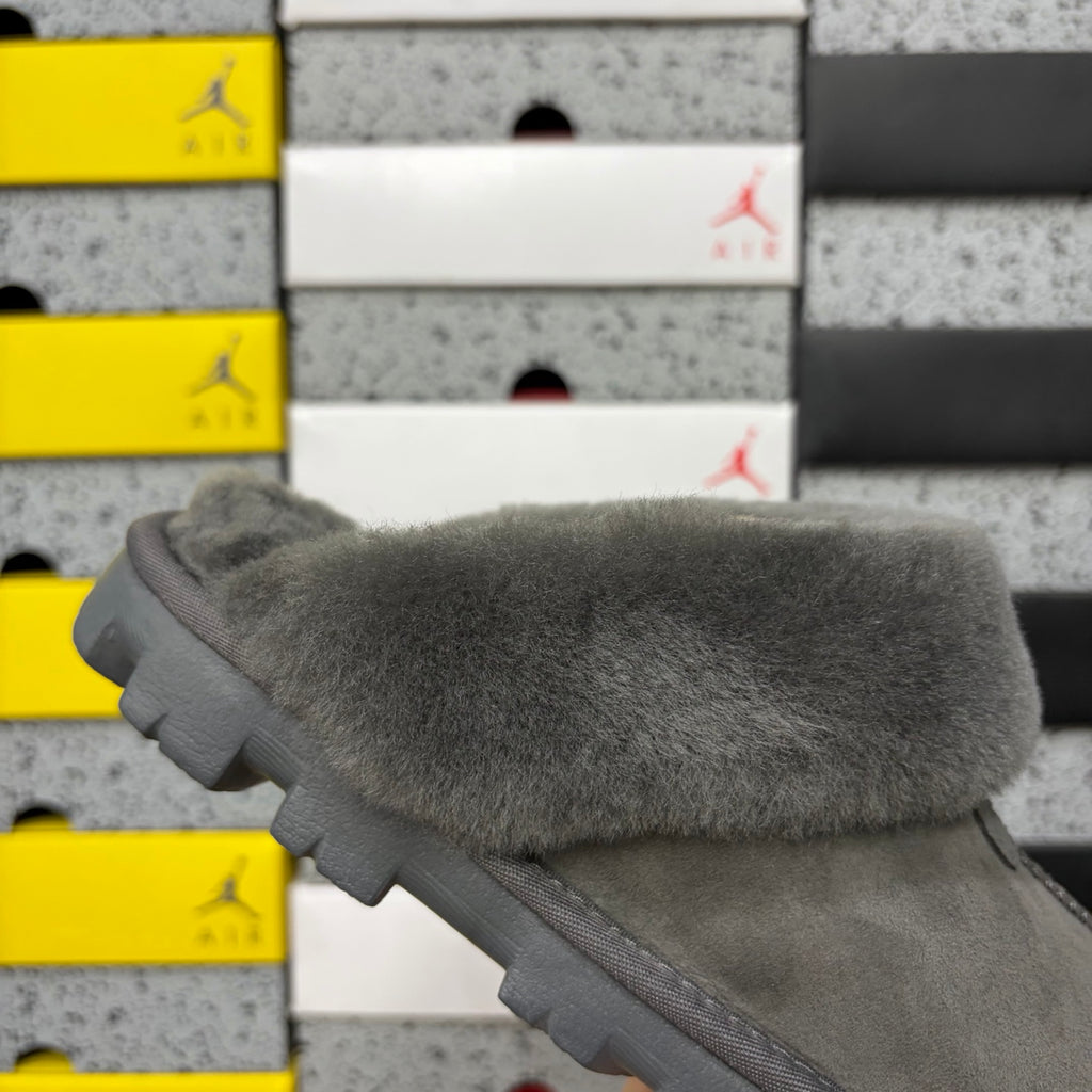 UGG Grey Plush-Collar Mule Slippers