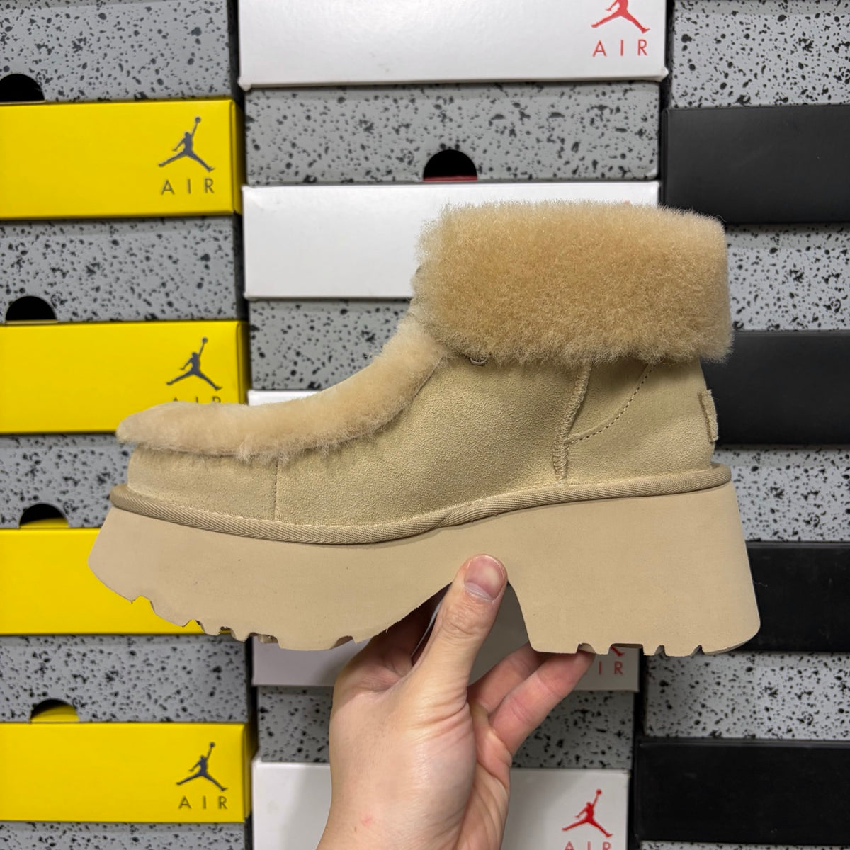 UGG Sand Plush-Trim Platform Ankle Boots
