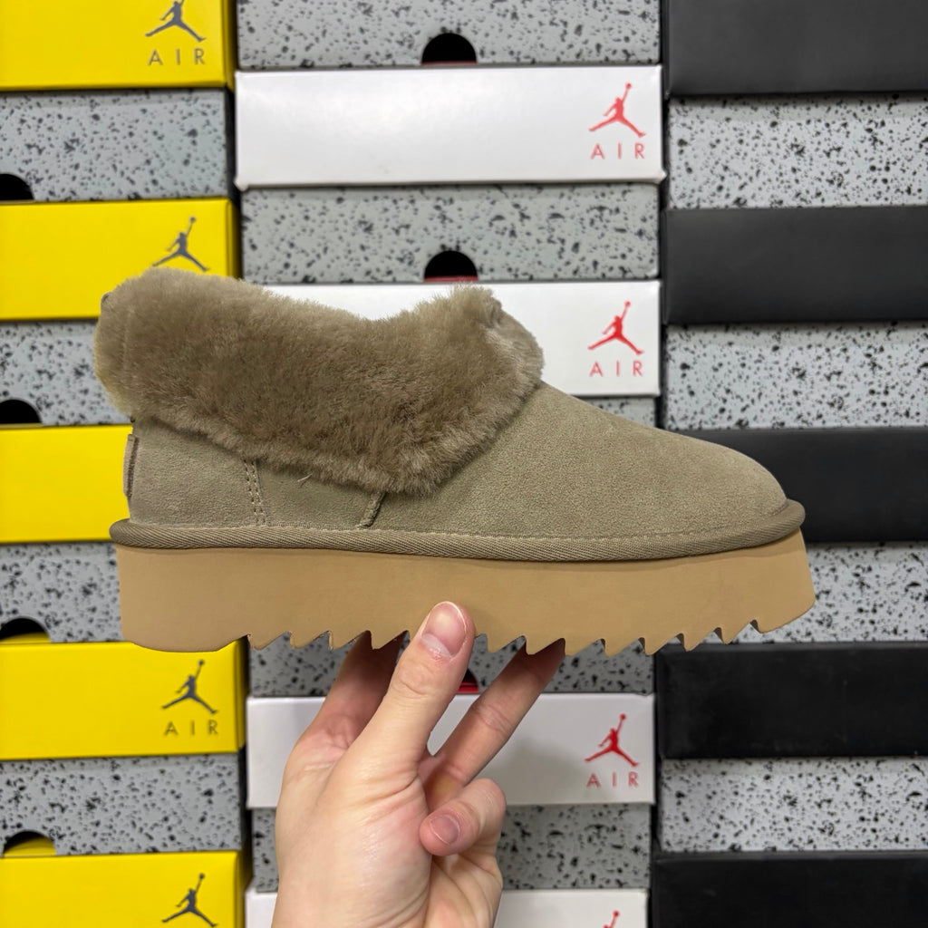 UGG Brown Plush-Collar Platform Slip-On Shoes
