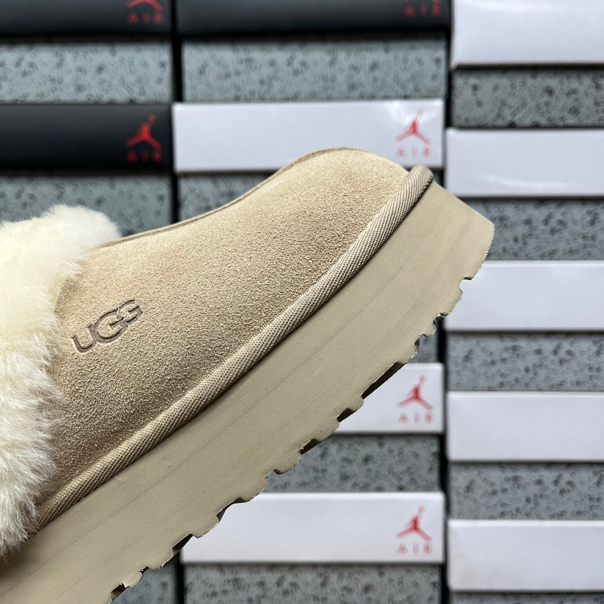 UGG Beige Plush-Collar Slip-On Slippers