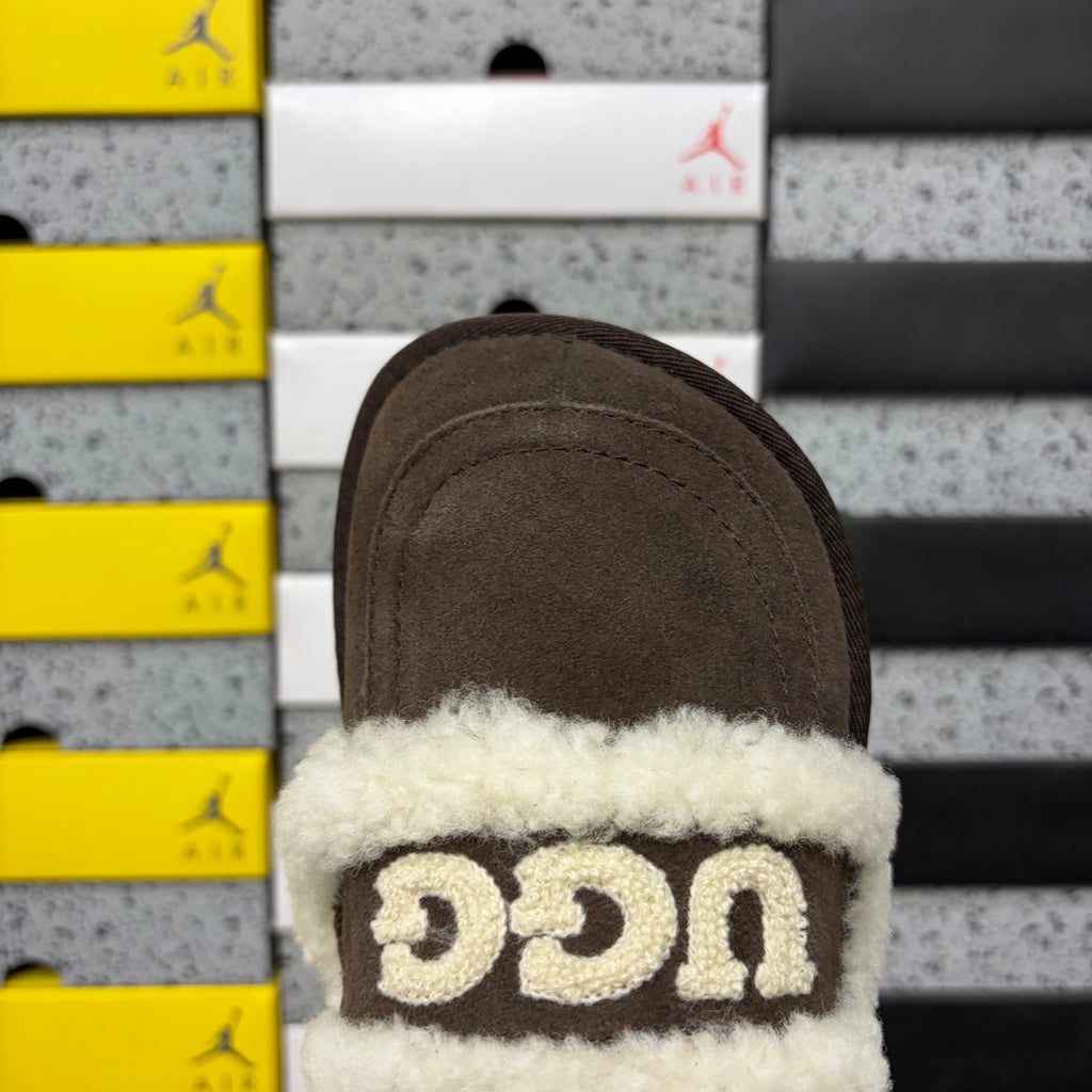 UGG Chocolate Brown Embroidered Plush-Trim Mule Slippers
