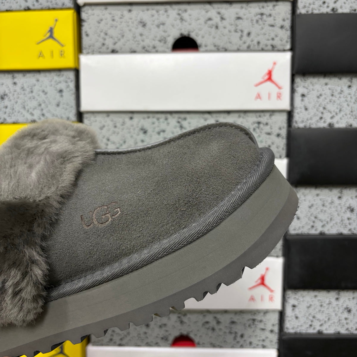 UGG Gray Platform Slippers with Plush Collar
