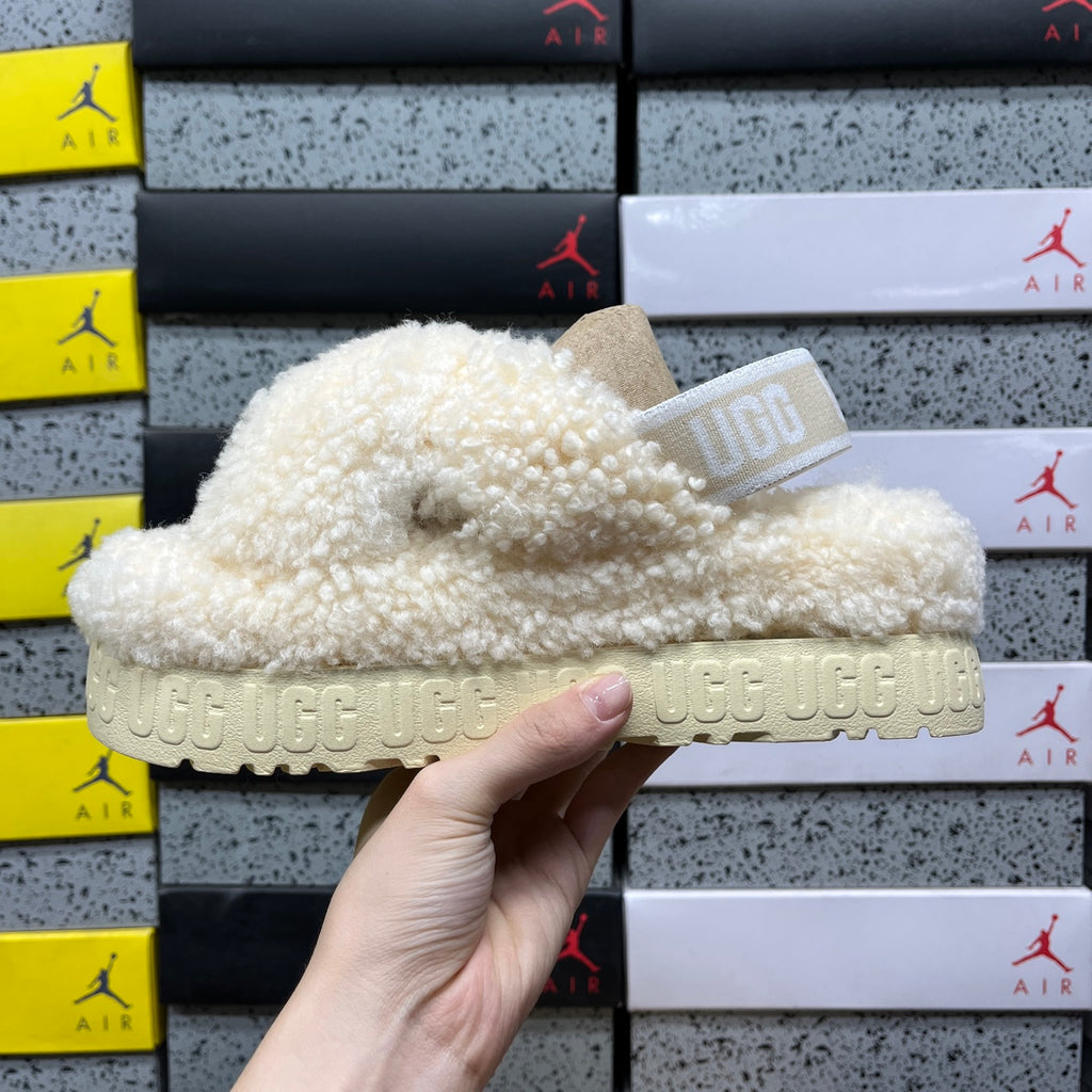 UGG Beige Cross-Strap Platform Slippers