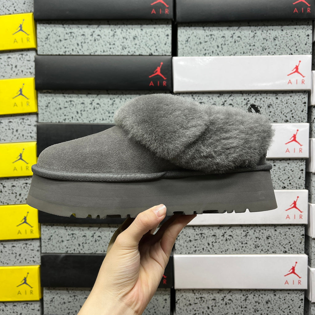 UGG Grey Plush-Collar Platform Slip-On Shoes