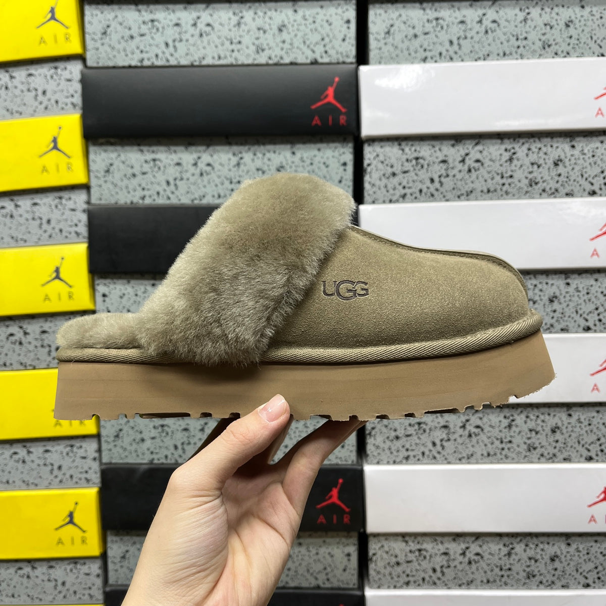 UGG Antelope Brown Plush-Collar Platform Slippers