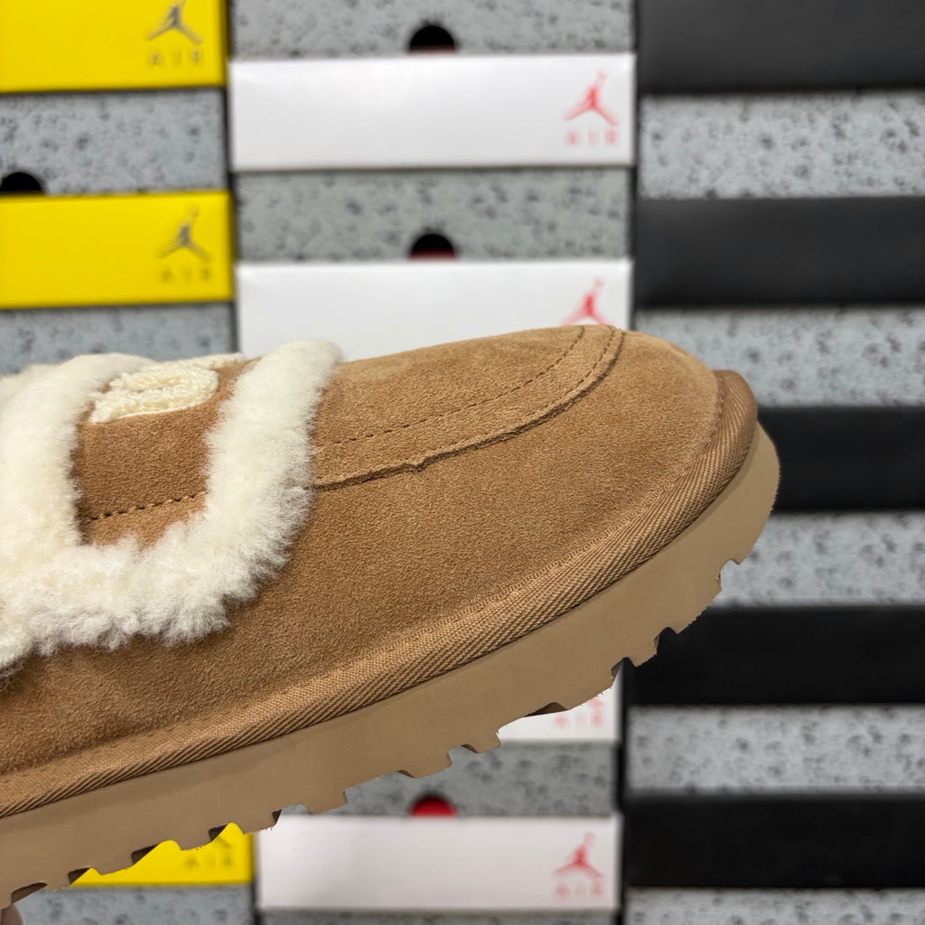 UGG Chestnut Embroidered Plush-Trim Mule Slippers