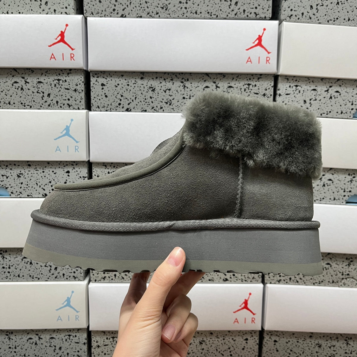 UGG Grey Platform Ankle Boots with Plush Cuff | 2551
