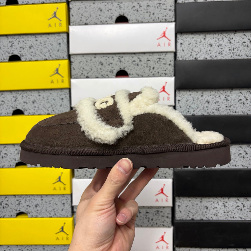 UGG Chocolate Brown Embroidered Plush-Trim Mule Slippers