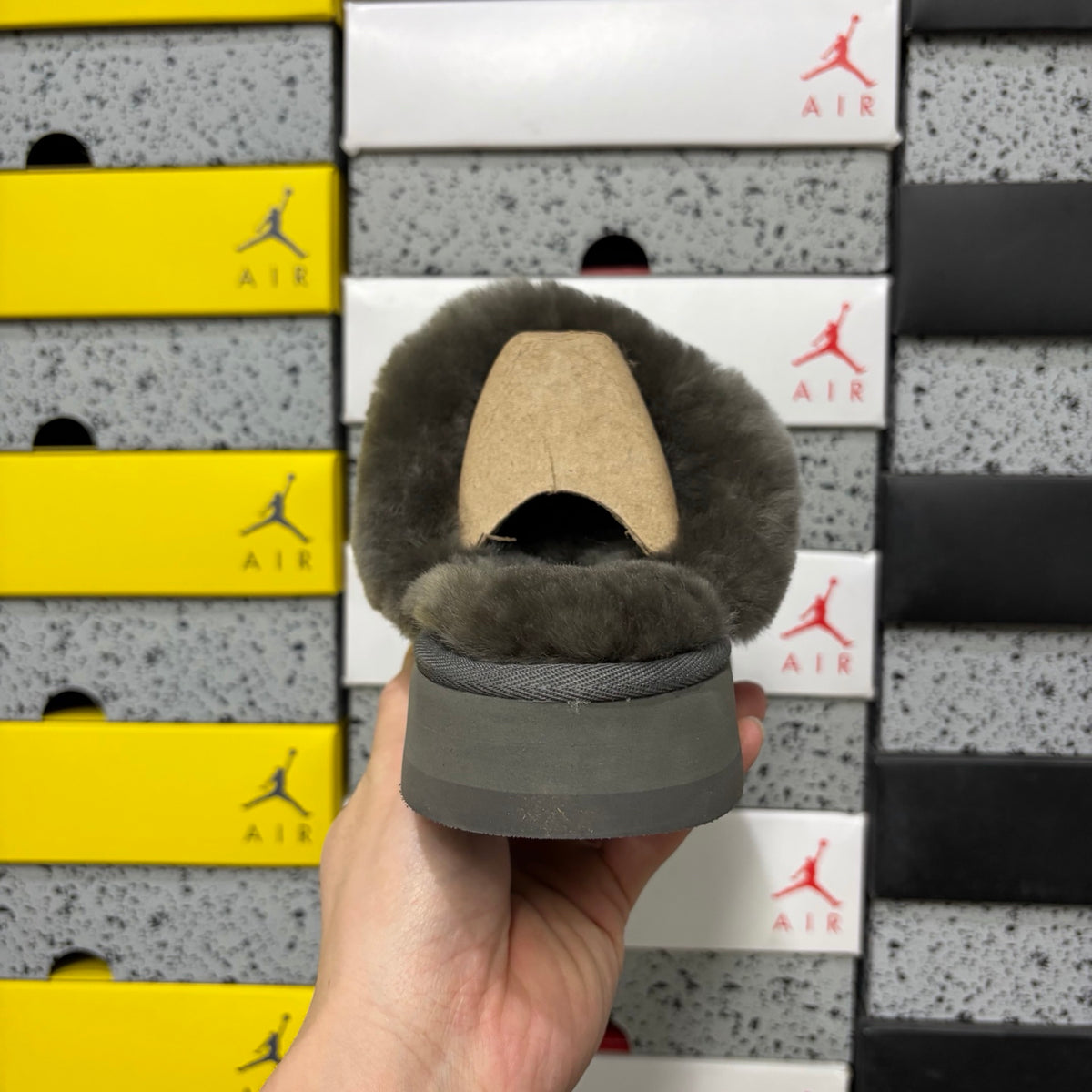 UGG Gray Platform Slippers with Plush Collar