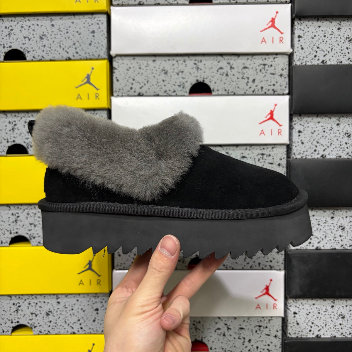 UGG Black Plush-Collar Platform Slip-On Shoes