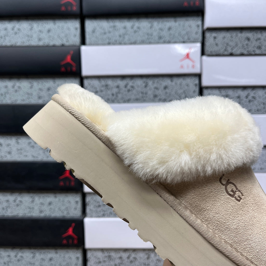 UGG Beige Plush-Collar Slip-On Slippers