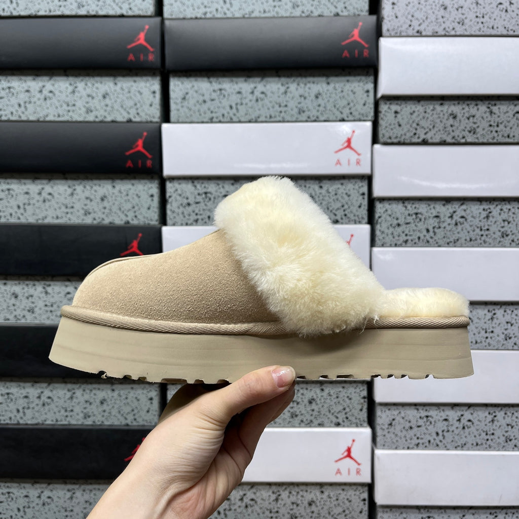 UGG Beige Plush-Collar Slip-On Slippers