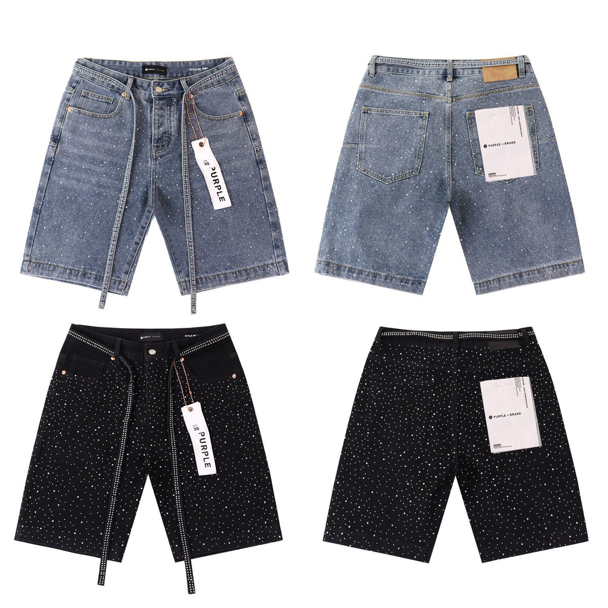 Purple Brand Rhinestone Straight‑Leg Denim Shorts Unisex
