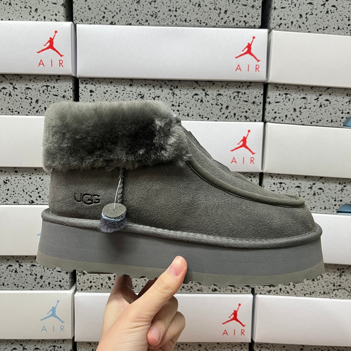 UGG Grey Platform Ankle Boots with Plush Cuff | 2551