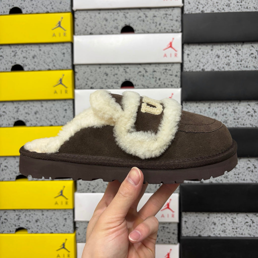UGG Chocolate Brown Embroidered Plush-Trim Mule Slippers