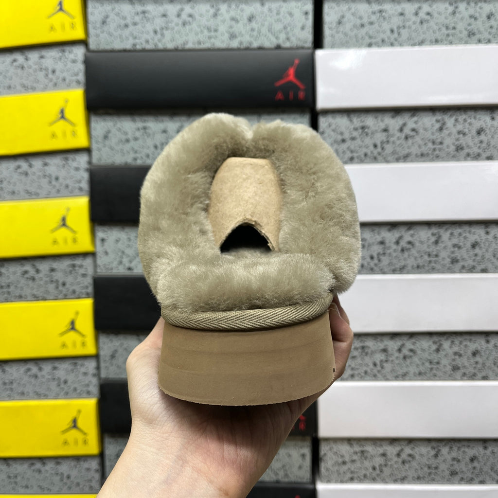 UGG Antelope Brown Plush-Collar Platform Slippers