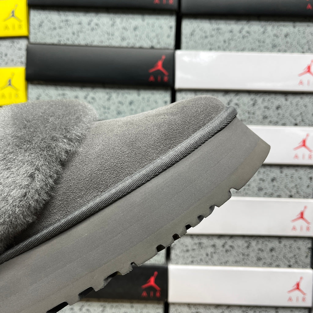 UGG Grey Plush-Collar Platform Slip-On Shoes