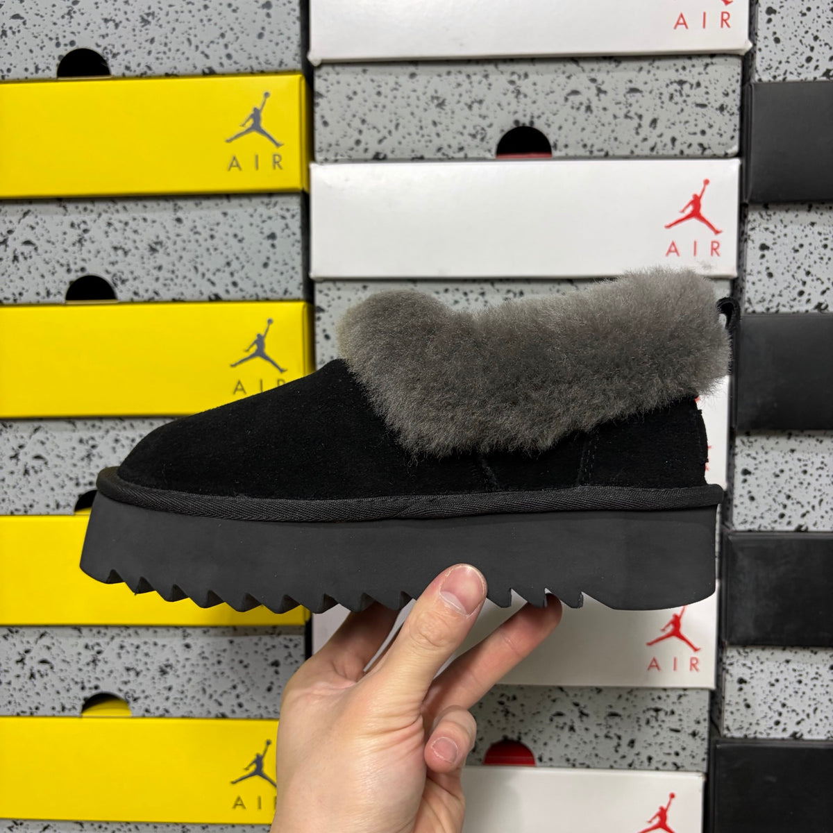 UGG Black Plush-Collar Platform Slip-On Shoes