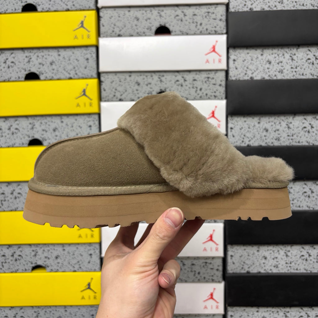 UGG Antelope Brown Platform Slippers with Plush Collar
