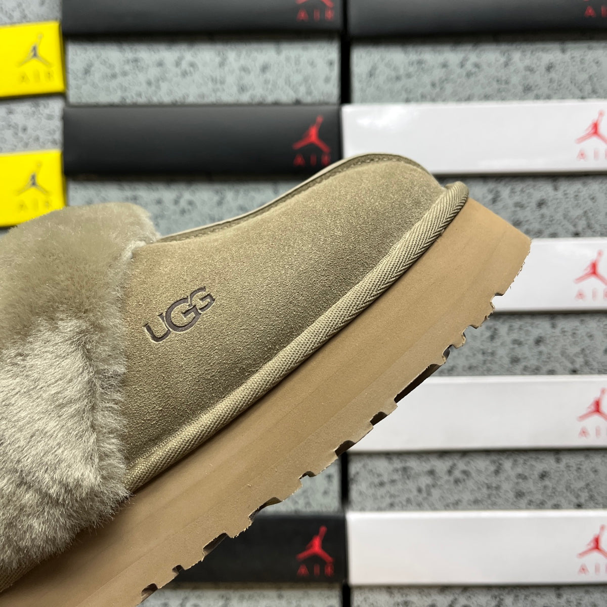 UGG Antelope Brown Plush-Collar Platform Slippers