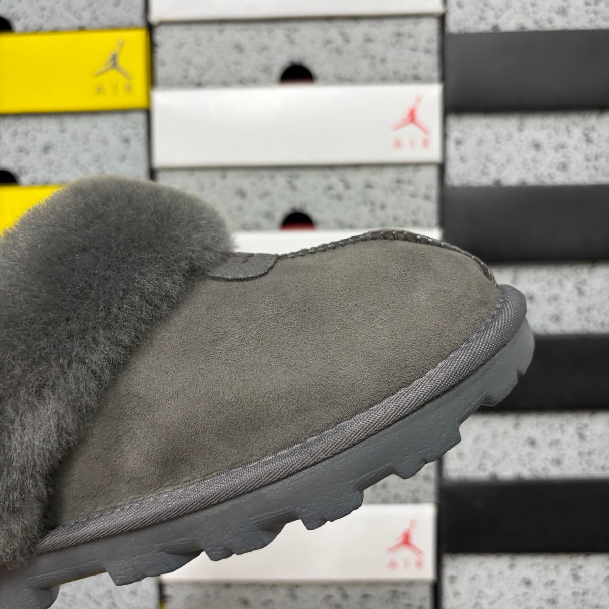 UGG Grey Plush-Collar Mule Slippers