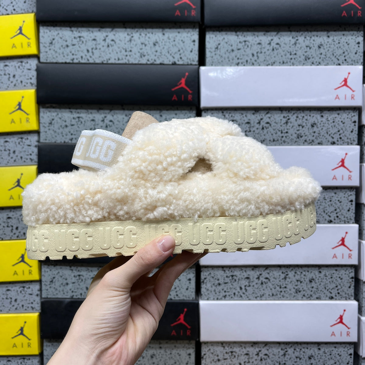 UGG Beige Cross-Strap Platform Slippers