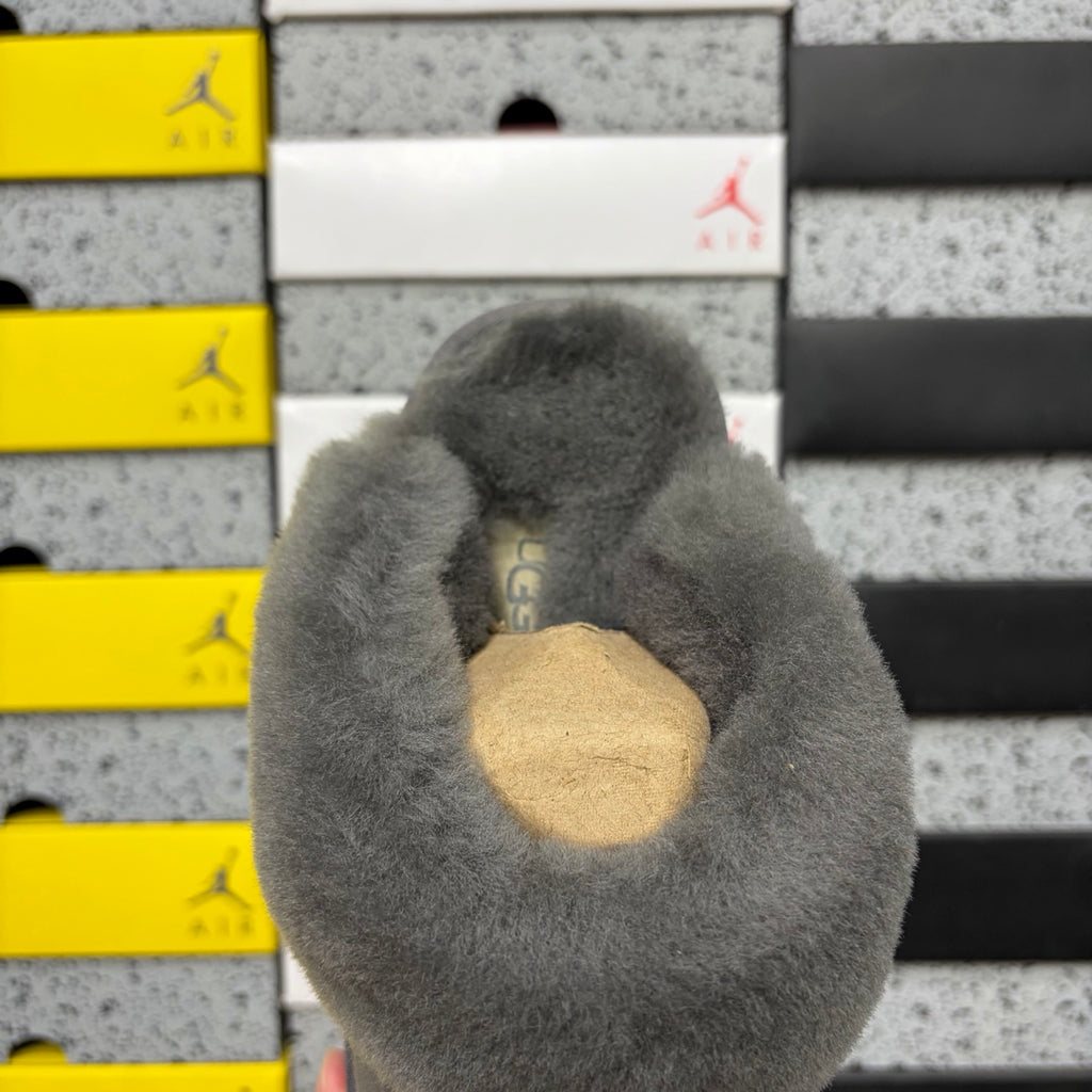UGG Grey Plush-Collar Mule Slippers