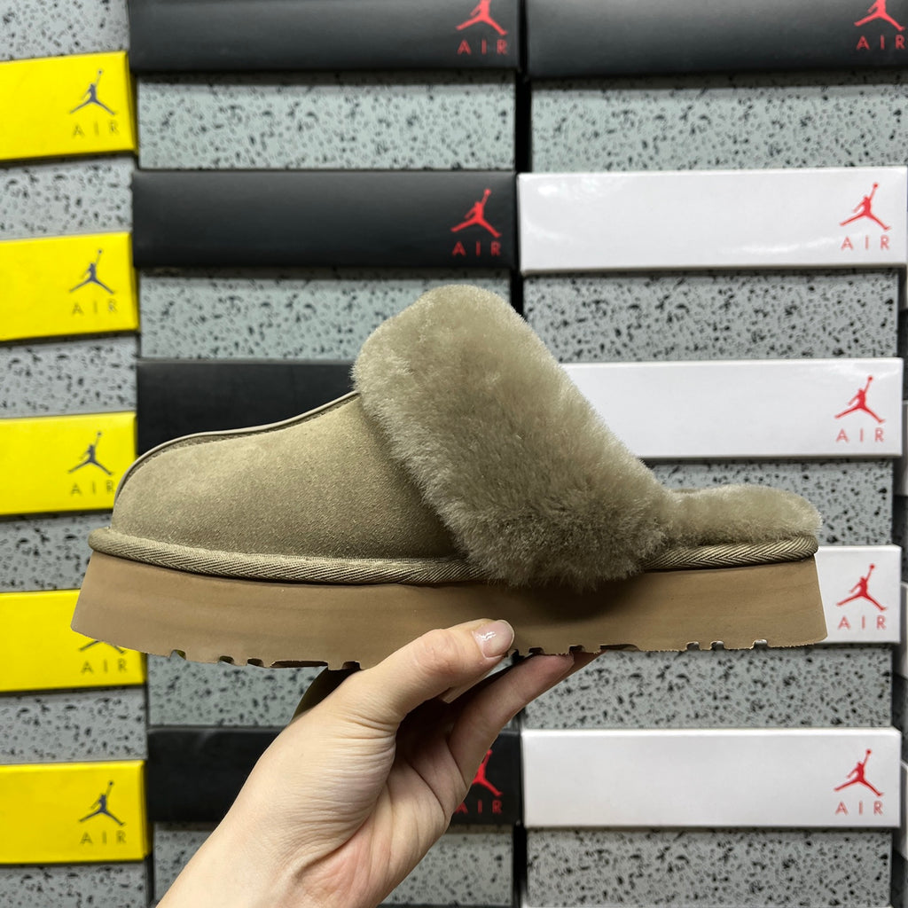 UGG Antelope Brown Plush-Collar Platform Slippers