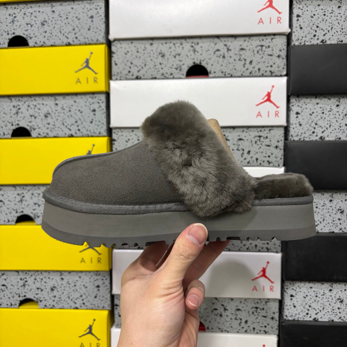UGG Gray Platform Slippers with Plush Collar