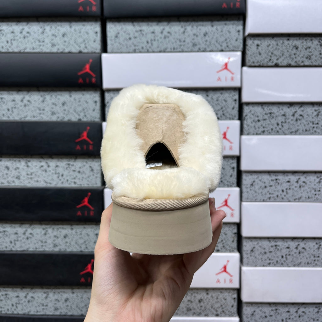 UGG Beige Plush-Collar Slip-On Slippers