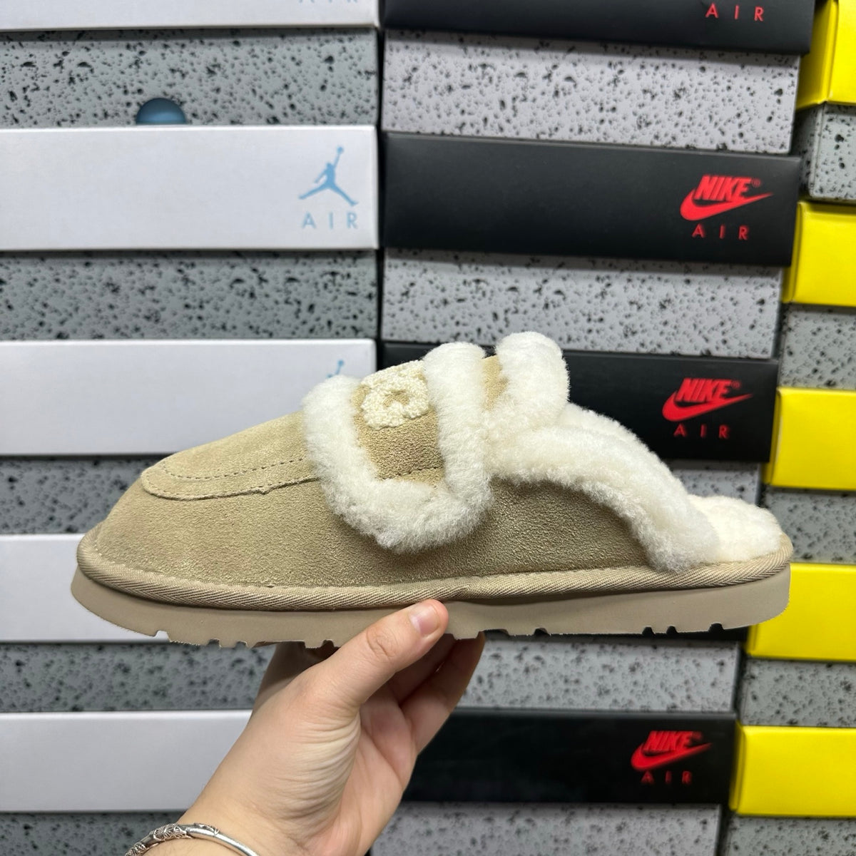 UGG Sand Embroidered Plush-Trim Mule Slippers