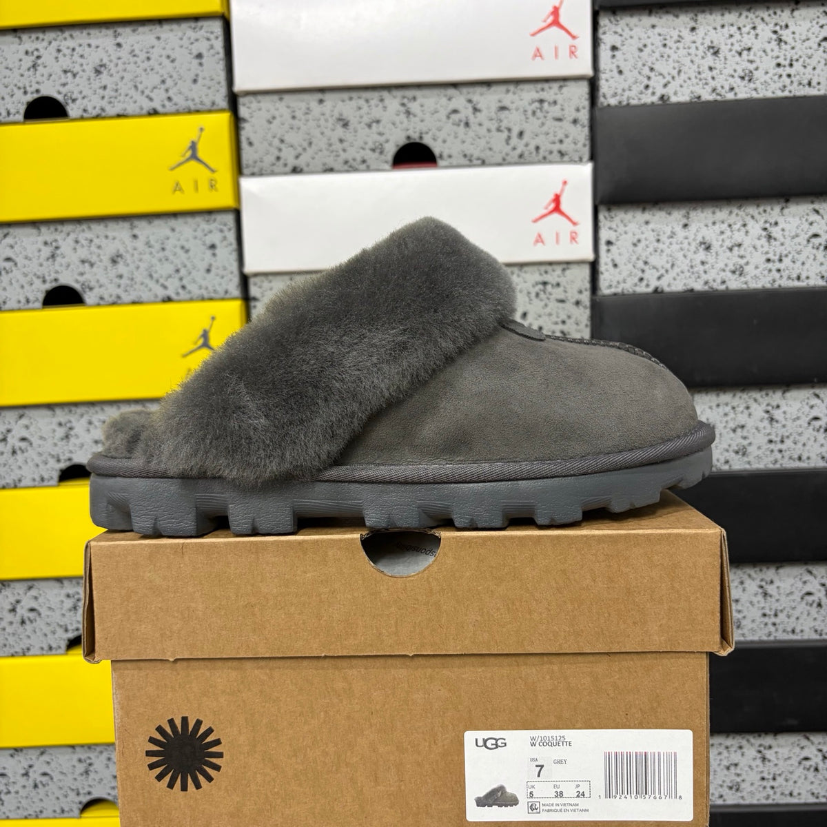 UGG Grey Plush-Collar Mule Slippers