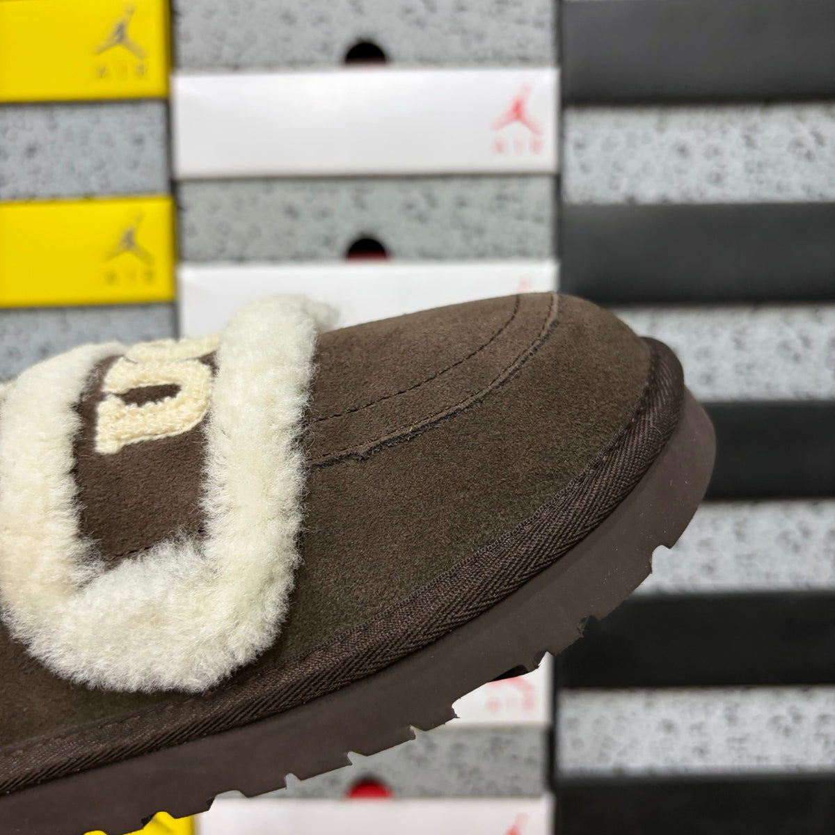 UGG Chocolate Brown Embroidered Plush-Trim Mule Slippers