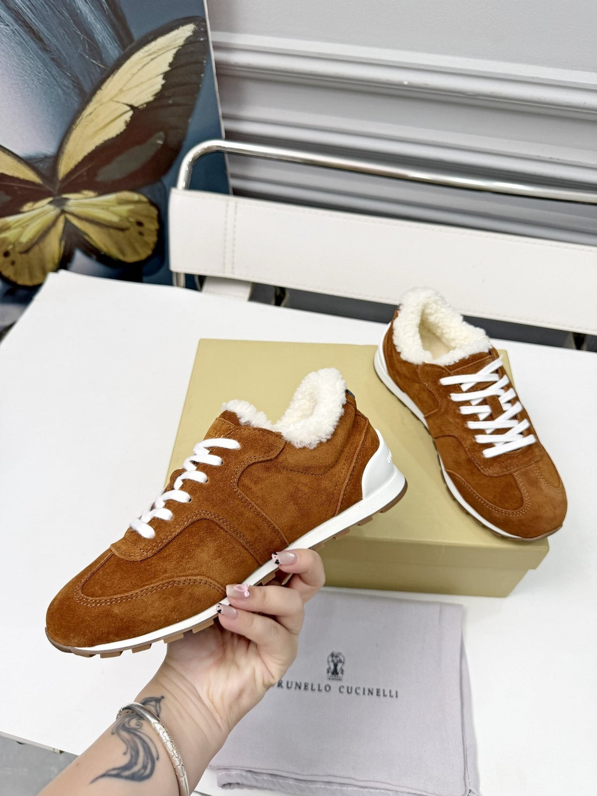 Brunello Cucinelli Brown Shearling-Trim Sneakers
