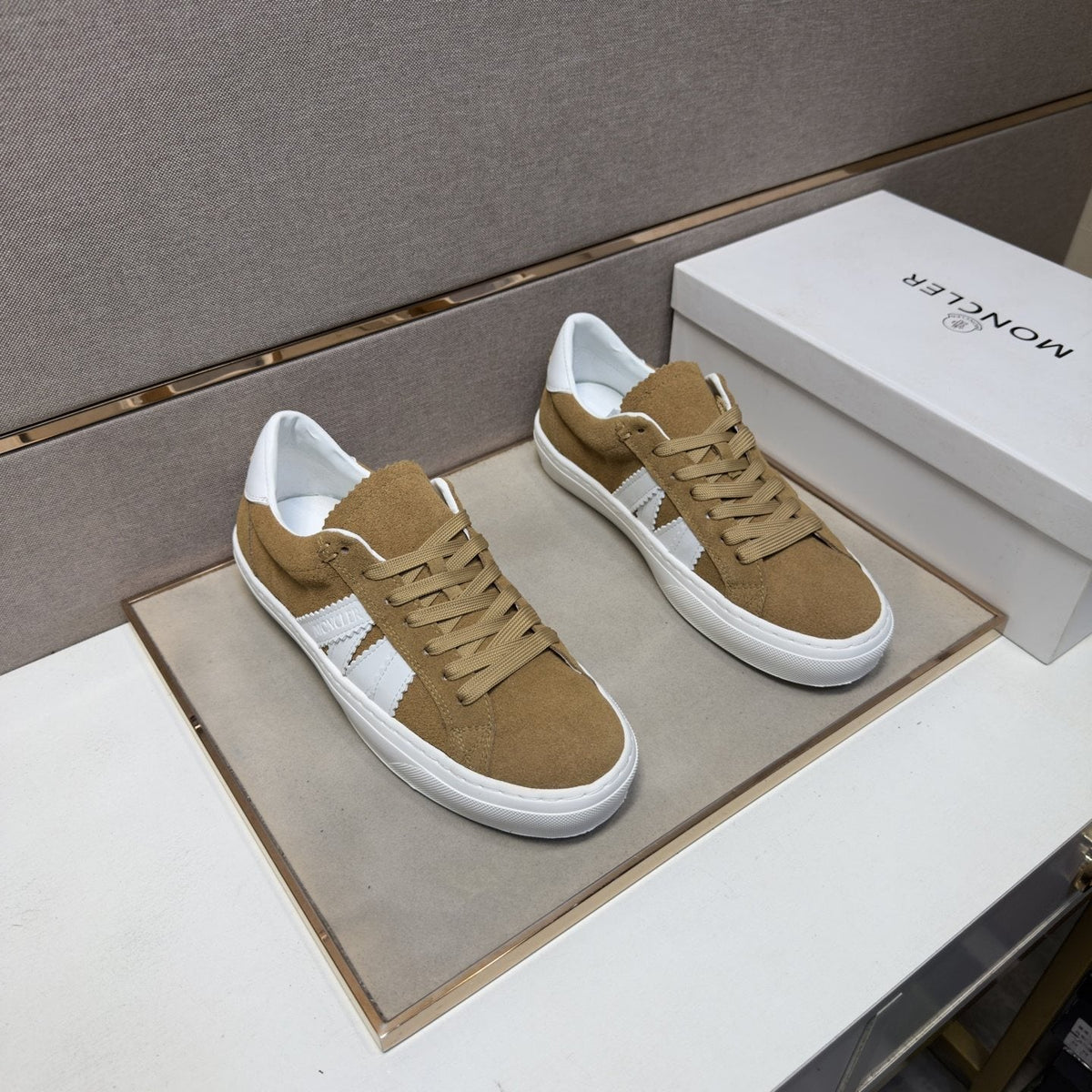 Moncler Men's Tan and White Striped Low-Top Sneakers